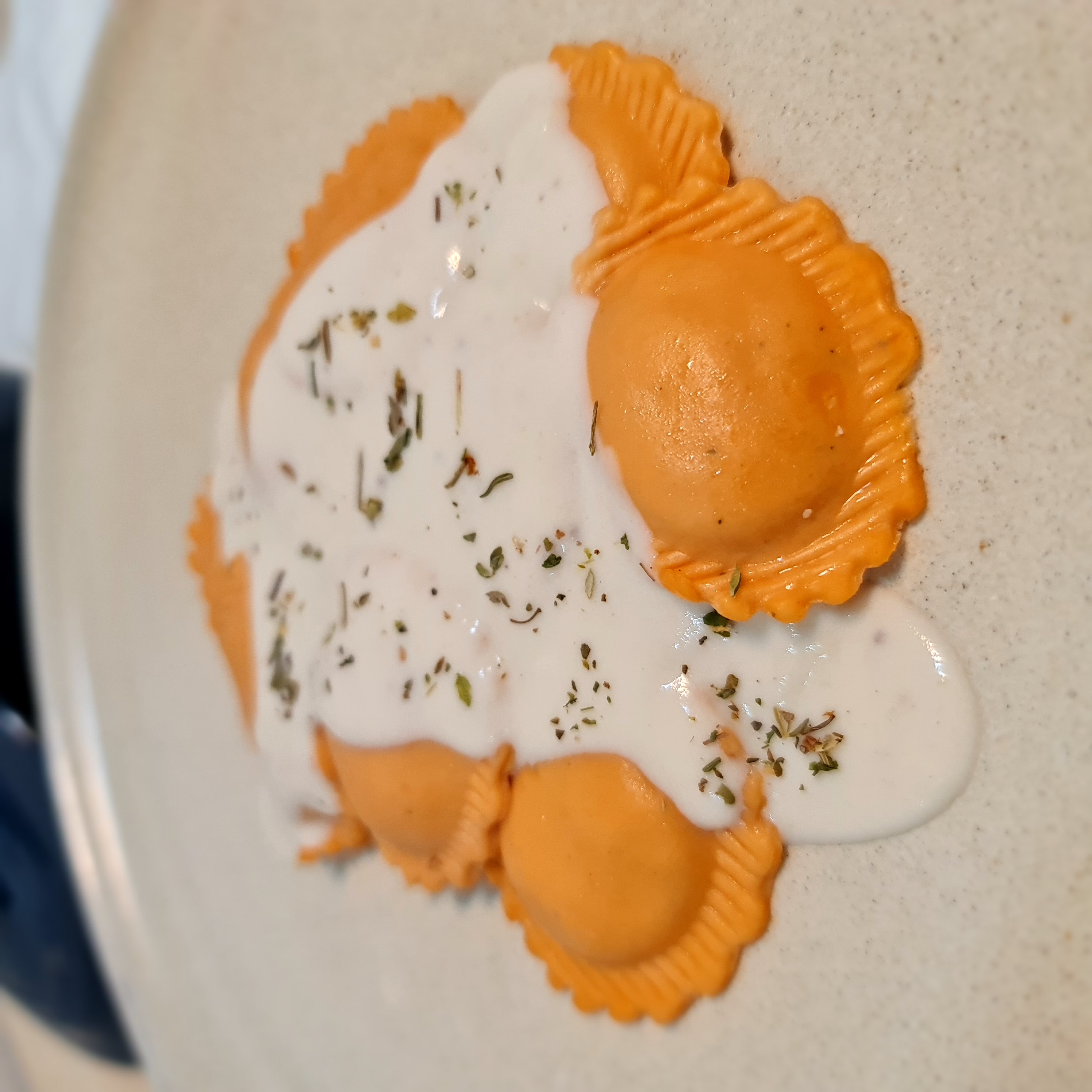 (62) Ravioli de Queijo com Massa de Tomate ao Molho Branco